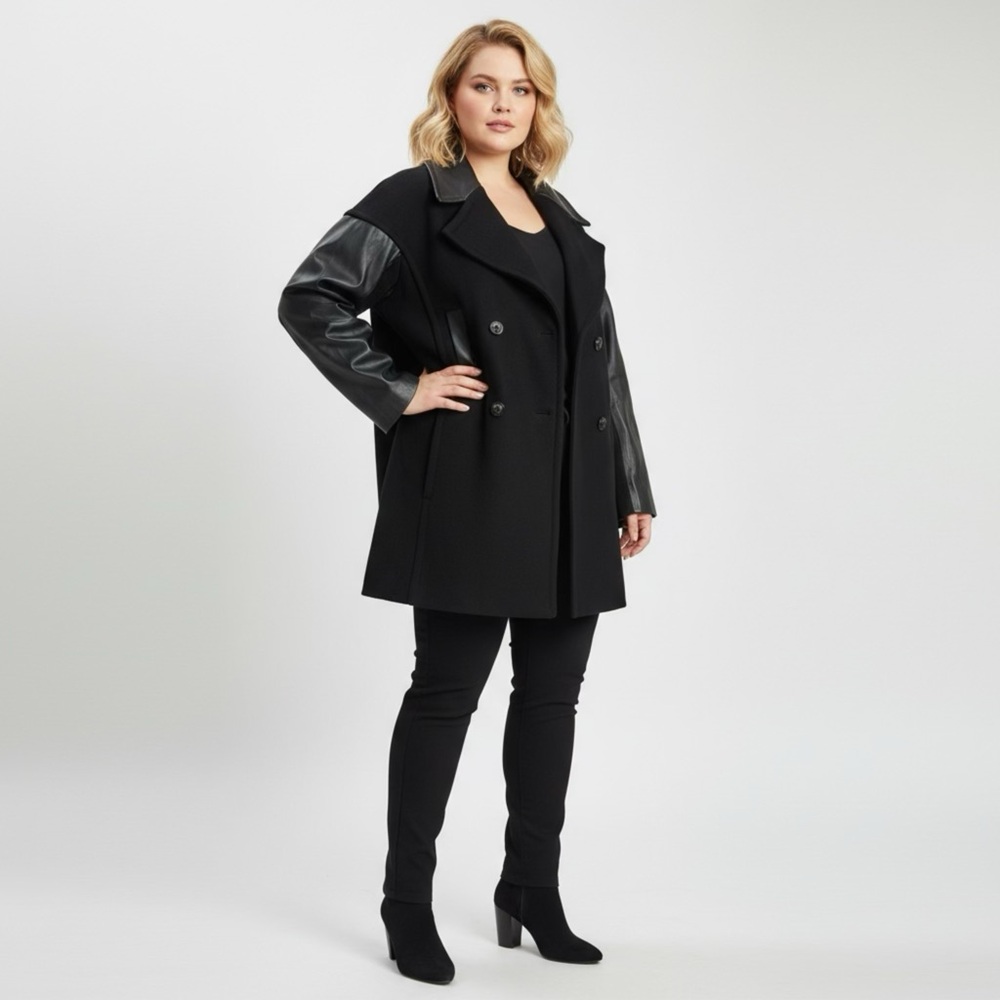 Danier Black Pea Wool Coat with Genuine Leather Sleeves Double Breasted‎ size XL